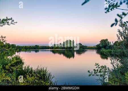 Coucher de soleil froid et coloré sur le lac, parmi les plantes vertes. Salamanque, Espagne Banque D'Images