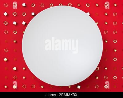 Cadre rond blanc ou bannière sur formes dorées et figures sur fond rouge. rendu 3d. Placez votre texte dans l'espace de copie. Banque D'Images