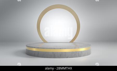 Scène minimaliste abstraite avec scène ronde en marbre, podium ou piédestal et anneaux dorés sur intérieur blanc. rendu 3d. Image parfaite pour la mode Banque D'Images