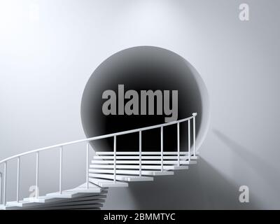 Scène abstraite avec escalier en spirale blanc menant à trou noir ou tunnel dans le mur. Concept d'exploration, d'incertitude et de doutes. rendu 3d Banque D'Images