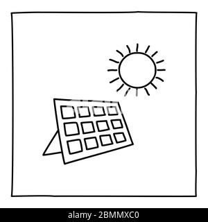 Icône ou logo de panneau solaire Doodle, dessiné à la main avec une fine ligne noire. Illustration de Vecteur