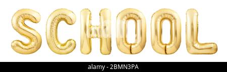 École de mots faite de lettres de ballon gonflable doré isolées sur fond blanc Banque D'Images