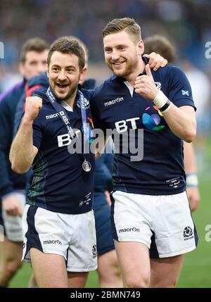 27 février 2016, RBS six Nations, Italie contre Ecosse, Stadio Olimpico, Rome. Greig Laidlaw (L) et Finn Russell en Écosse pendant un tour d'honneur. Banque D'Images