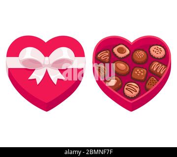 Boîte de chocolats en forme de coeur avec noeud en ruban, ouverte et fermée. Illustration de clip art vectoriel isolée. Illustration de Vecteur