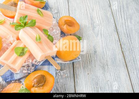 Pop-suits d'abricot faits maison, lullypop fruité non-laiterie vegan abricot gelato, sur fond gris vieux en bois copie espace vue de dessus Banque D'Images