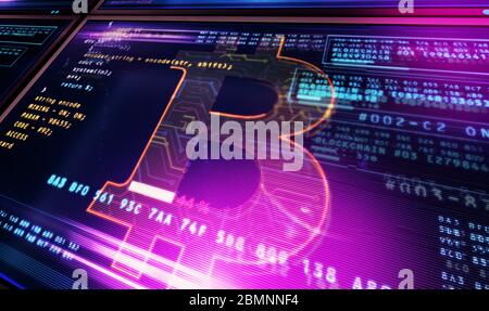 Extraction de bitcoin sur écran d'ordinateur. Crypto-monnaie numérique, cyber-monnaie et concept de banque numérique illustration 3d avec effet de grésilte. Banque D'Images