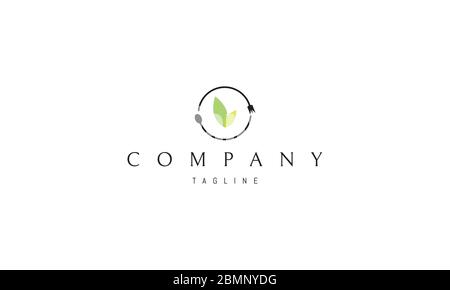 Logo vectoriel sur lequel une image abstraite de deux feuilles et un panneau de recyclage sous forme de cuillère et de fourchette. Illustration de Vecteur