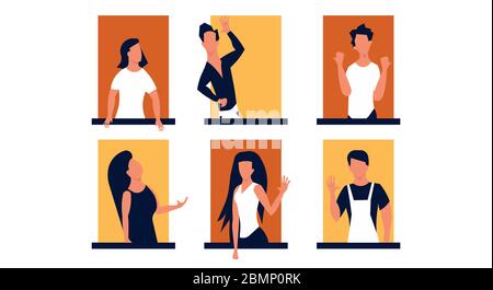 Personnes sur balcon illustration ensemble fenêtres bâtiment ville appartement avec homme et femme. Concept de maison de quarantaine caractère social communication epidoemi Illustration de Vecteur