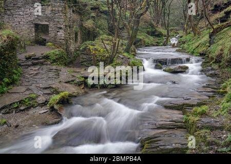 La rivière Trevilett s'écoulant le long du moulin Trewethett abandonné dans la vallée des Rocheuses, près de Tintagel, dans le nord de Cornwall. Banque D'Images