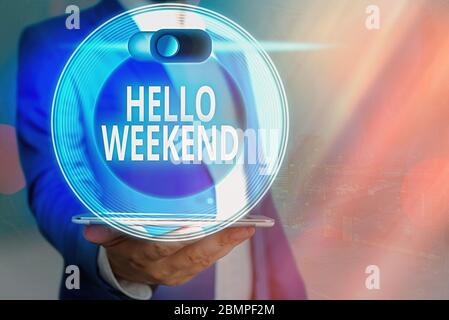 Texte d'écriture Bonjour week-end. Photo conceptuelle escapade aventure vendredi invitation à la détente positivité Banque D'Images