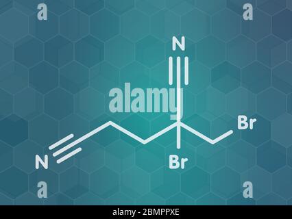 Methyldibromo du glutaronitrile conservateur molécule. Allergène commun causant la dermatite de contact allergique. Formule topologique. Banque D'Images