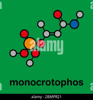 Molécule d'insecticide monocrotophos organophosphate. Également connu pour être polluant organique persistant. Formule squelettique stylisée (structure chimique) : les atomes sont représentés par des cercles de couleur : hydrogène (caché), carbone (gris), oxygène (rouge), azote (bleu), phosphore (orange). Banque D'Images