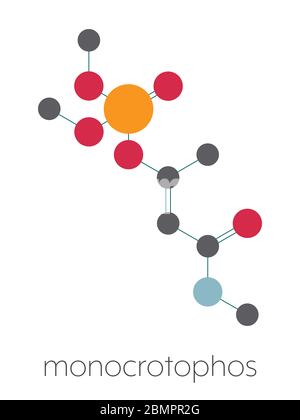 Molécule d'insecticide monocrotophos organophosphate. Également connu pour être polluant organique persistant. Formule squelettique stylisée (structure chimique) : les atomes sont représentés par des cercles de couleur : hydrogène (caché), carbone (gris), oxygène (rouge), azote (bleu), phosphore (orange). Banque D'Images