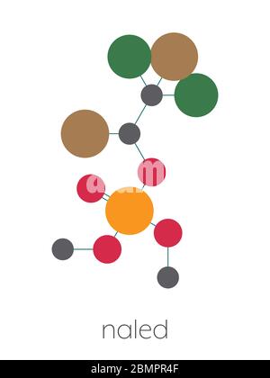 Molécule d'insecticide composé (classe organophosphate). Formule squelettique stylisée (structure chimique) : les atomes sont représentés par des cercles de couleur : hydrogène (caché), carbone (gris), oxygène (rouge), phosphore (orange), brome (marron), chlore (vert). Banque D'Images