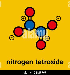 Le tétroxyde d'azote (tétroxyde de diazote, N2O4), molécule de propergol. Formule topologique stylisé (structure chimique) : les atomes sont représentés par des cercles de couleur : bleu (azote), oxygène (rouge). Banque D'Images