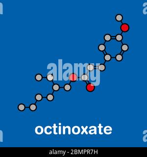 Molécule de crème solaire octyl méthoxycinnamate (octinoxate). Formule squelettique stylisée (structure chimique) : les atomes sont représentés par des cercles de couleur : hydrogène (caché), carbone (gris), oxygène (rouge). Banque D'Images