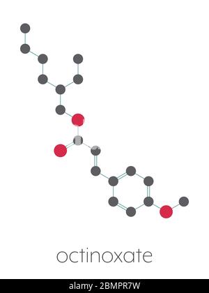 Molécule de crème solaire octyl méthoxycinnamate (octinoxate). Formule squelettique stylisée (structure chimique) : les atomes sont représentés par des cercles de couleur : hydrogène (caché), carbone (gris), oxygène (rouge). Banque D'Images