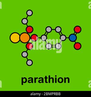 Molécule de pesticide parathion. Insecticide organophosphoré, a également utilisé comme arme chimique. Formule squelettique stylisée (structure chimique) : les atomes sont représentés par des cercles de couleur : hydrogène (caché), carbone (gris), azote (bleu), oxygène (rouge), soufre (jaune), phosphore (orange). Banque D'Images