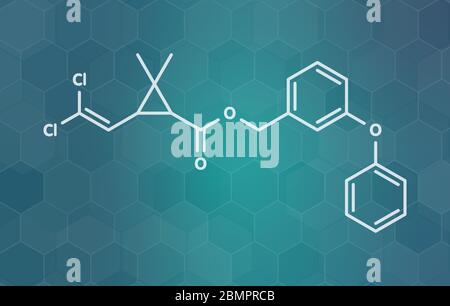 Insecticide pyréthroïde perméthrine. Utilisé pour traiter la gale et les poux de tête chez l'homme. Utilisé pour imprégner les moustiquaires et dans les colliers à puces pour chiens. Formule squelettique. Banque D'Images