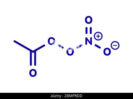 Molécule de polluant du nitrate de peroxyacétyle (PAN). Polluant secondaire, présent dans le smog photochimique. Se décompose ensuite en radical peroxyéthanol et en dioxyde d'azote. Formule squelettique. Banque D'Images