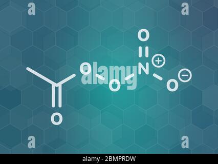 Molécule de polluant du nitrate de peroxyacétyle (PAN). Polluant secondaire, présent dans le smog photochimique. Se décompose ensuite en radical peroxyéthanol et en dioxyde d'azote. Formule squelettique. Banque D'Images