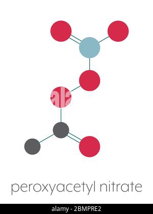 Molécule de polluant du nitrate de peroxyacétyle (PAN). Polluant secondaire, présent dans le smog photochimique. Se décompose ensuite en radical peroxyéthanol et en dioxyde d'azote. Formule squelettique stylisée (structure chimique) : les atomes sont représentés par des cercles de couleur : hydrogène (caché), carbone (gris), azote (bleu), oxygène (rouge). Banque D'Images