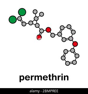 Insecticide pyréthroïde perméthrine. Utilisé pour traiter la gale et les poux de tête chez l'homme. Utilisé pour imprégner les moustiquaires et dans les colliers à puces pour chiens. Formule squelettique stylisée (structure chimique) : les atomes sont représentés par des cercles de couleur : hydrogène (caché), carbone (gris), oxygène (rouge), chlore (vert). Banque D'Images