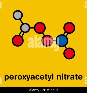 Molécule de polluant du nitrate de peroxyacétyle (PAN). Polluant secondaire, présent dans le smog photochimique. Se décompose ensuite en radical peroxyéthanol et en dioxyde d'azote. Formule squelettique stylisée (structure chimique) : les atomes sont représentés par des cercles de couleur : hydrogène (caché), carbone (gris), azote (bleu), oxygène (rouge). Banque D'Images