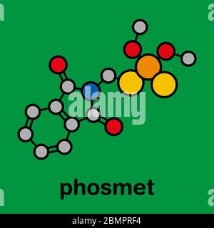 Molécule d'insecticide phosphophosphate. Formule squelettique stylisée (structure chimique) : les atomes sont représentés par des cercles de couleur : hydrogène (caché), carbone (gris), azote (bleu), oxygène (rouge), soufre (jaune), phosphore (orange). Banque D'Images