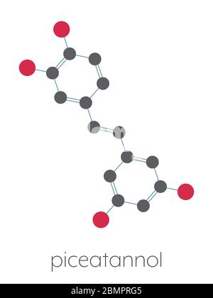 Molécule de stilbenoid à base de plantes de Piceatacingrel. Formule squelettique stylisée (structure chimique) : les atomes sont représentés par des cercles de couleur : hydrogène (beige), carbone (gris), oxygène (rouge). Banque D'Images