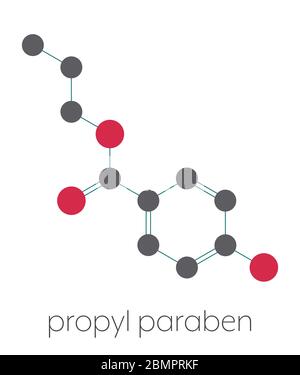 Molécule de conservateur de propyle parabène. Utilisé dans les aliments et les cosmétiques. Formule squelettique stylisée (structure chimique) : les atomes sont représentés par des cercles de couleur : hydrogène (caché), carbone (gris), oxygène (rouge). Banque D'Images