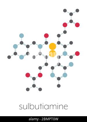 Sulbutiamine asthénie molécule pharmaceutique. Également utilisé dans les suppléments nutritionnels. Formule topologique stylisé (structure chimique) : les atomes sont représentés par des cercles de couleur : l'hydrogène (caché), carbone (gris), l'oxygène (rouge), l'azote (bleu), le soufre (jaune). Banque D'Images