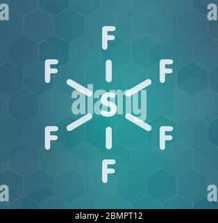 Molécule d'isolant de gaz hexafluorure de soufre. Les microbulles sont utilisées comme produit de contraste pour l'imagerie échographique. Gaz à effet de serre puissants. Formule squelettique. Banque D'Images