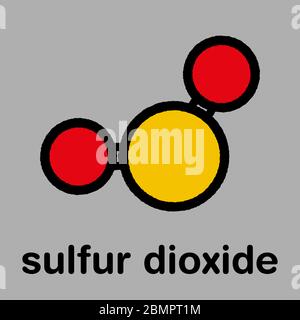 Molécule de conservateur alimentaire de dioxyde de soufre (E220). Également utilisé dans la vinification et responsable des sulfites dans le vin. Formule squelettique stylisée (structure chimique) : les atomes sont représentés par des cercles de couleur : soufre (jaune), oxygène (rouge). Banque D'Images