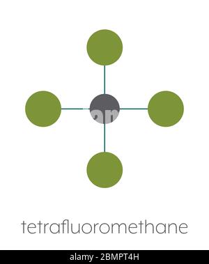 Tétrafluorométhane (tétrafluorure de carbone, CF4) molécule de gaz à effet de serre. Formule squelettique stylisée (structure chimique) : les atomes sont représentés par des cercles de couleur : carbone (gris), fluor (cyan). Banque D'Images