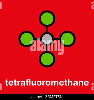 Tétrafluorométhane (tétrafluorure de carbone, CF4) molécule de gaz à effet de serre. Formule squelettique stylisée (structure chimique) : les atomes sont représentés par des cercles de couleur : carbone (gris), fluor (cyan). Banque D'Images