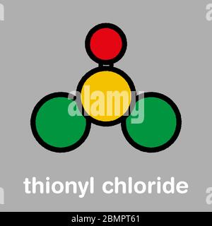Molécule de réactif chimique du chlorure de thionyle (SOCl2). Formule squelettique stylisée (structure chimique) : les atomes sont représentés par des cercles de couleur : soufre (jaune), oxygène (rouge), chlore (vert). Banque D'Images