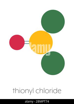 Molécule de réactif chimique du chlorure de thionyle (SOCl2). Formule squelettique stylisée (structure chimique) : les atomes sont représentés par des cercles de couleur : soufre (jaune), oxygène (rouge), chlore (vert). Banque D'Images