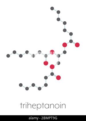 Molécule de triheptanoin. Formule squelettique stylisée (structure chimique) : les atomes sont représentés par des cercles de couleur : hydrogène (caché), carbone (gris), oxygène (rouge). Banque D'Images