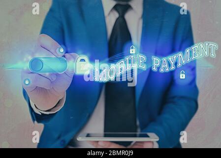 Note d'écriture indiquant le paiement mobile. Concept commercial pour les paiements sans espèces effectués par le biais d'appareils électroniques portables Banque D'Images