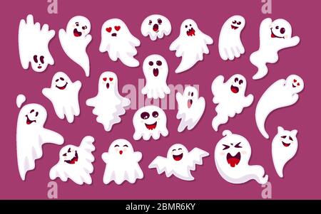 Autocollant de couleur fantôme avec ensemble de dessins animés ombrés. Halloween collection mignon effrayant autocollants monstres. Personnage de comics amusant et effrayant. Concept Halloween fantômes. Illustration vectorielle isolée Illustration de Vecteur