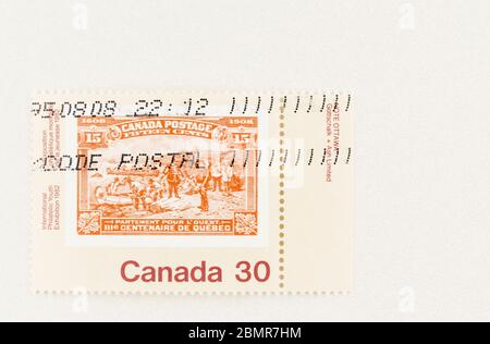 SEATTLE WASHINGTON - 10 mai 2020 : timbre de départ de Champlain de 1908 sur le timbre d'exposition jeunesse 1982 de 1982. Scott # 910. Banque D'Images