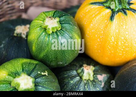 Gros plan photo de la nourriture de courgettes rondes au marché des agriculteurs. Banque D'Images