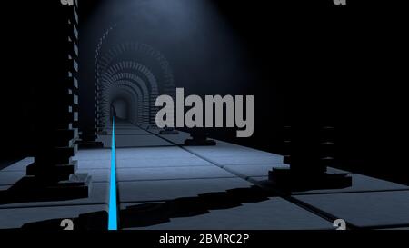 Vue de face d'un long tunnel sombre sans personnes formées par des arcs faits de briques dans un environnement brumeux illuminé d'une lumière bleue et de deux lumières lin Banque D'Images