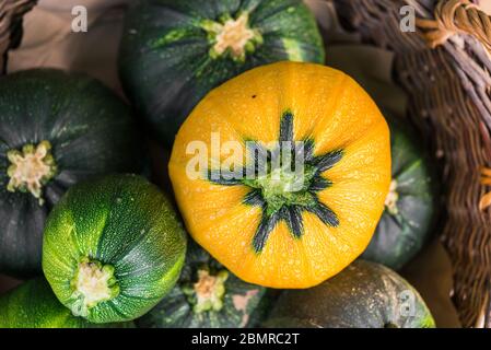 Gros plan photo de la nourriture de courgettes rondes au marché des agriculteurs. Banque D'Images