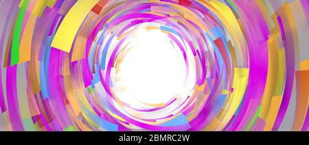 Tunnel constitué de formes pourpres, bleues et jaunes qui se transforme rapidement en cercles sur fond blanc. Illustration 3D Banque D'Images