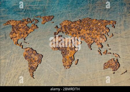 Carte du monde décrit environ avec remplissage en métal sur fond gris Banque D'Images