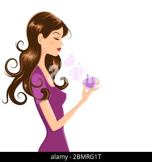 Illustration vectorielle d'une jeune femme attrayante avec de longs cheveux foncés et des yeux fermés. Elle tient une bouteille de parfum en forme de coeur tout en mettant le parfum sur h Illustration de Vecteur