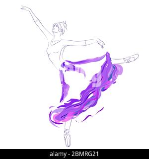 Illustration vectorielle de la jeune danseuse de ballet dansant avec élégance dans la longue jupe tutu sur fond blanc. Contour graphique et imitation aquarelle. Illustration de Vecteur