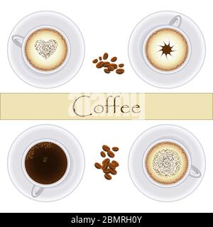 Ensemble de tasses semi-réalistes avec café et grains de café. Cappuccino, espresso, blanc plat. Des éléments de conception exceptionnels pour tous les projets Web ou d'impression. Illustration de Vecteur